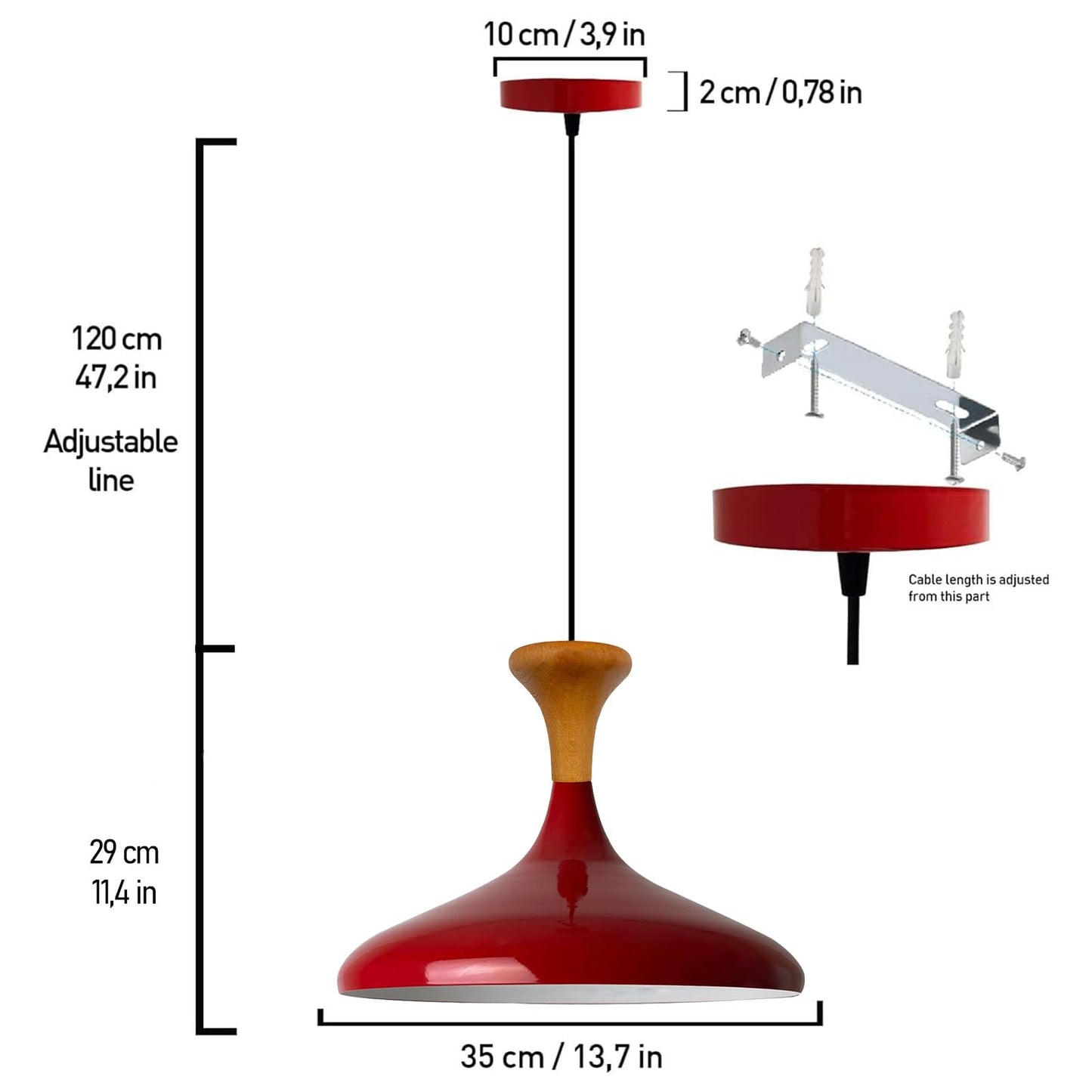 Champion Pendelleuchte aus Holz, 35 cm Hängelampe Metall E27 Moderne Lampe
