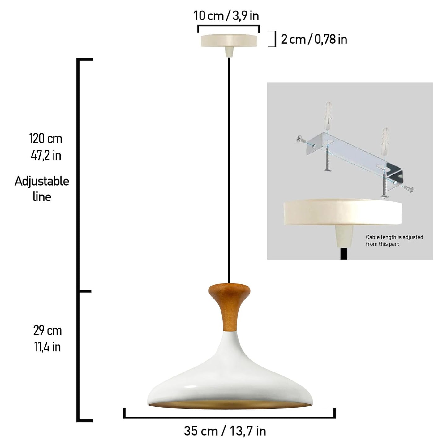 Champion Pendelleuchte aus Holz, 35 cm Hängelampe Metall E27 Moderne Lampe