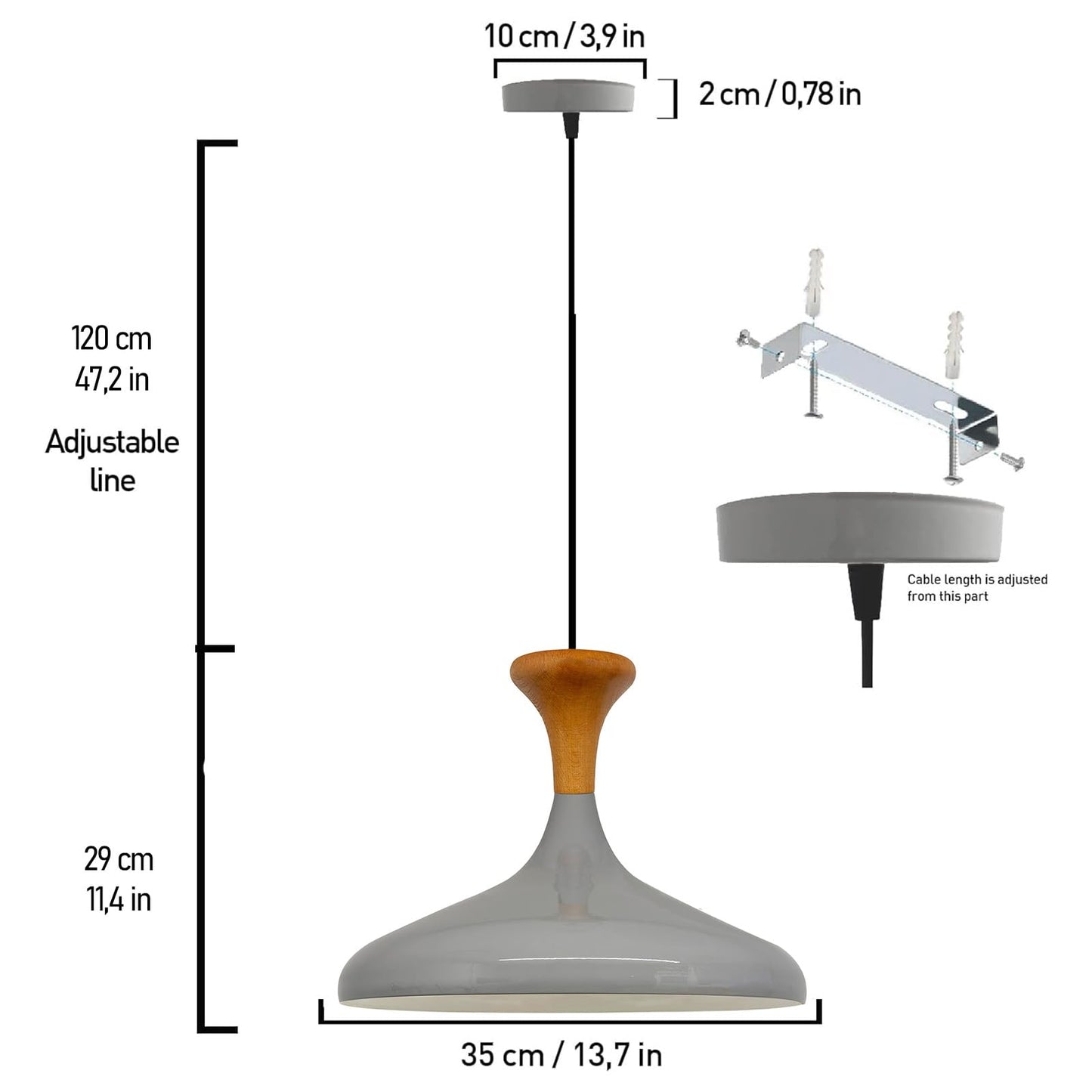 Champion Pendelleuchte aus Holz, 35 cm Hängelampe Metall E27 Moderne Lampe