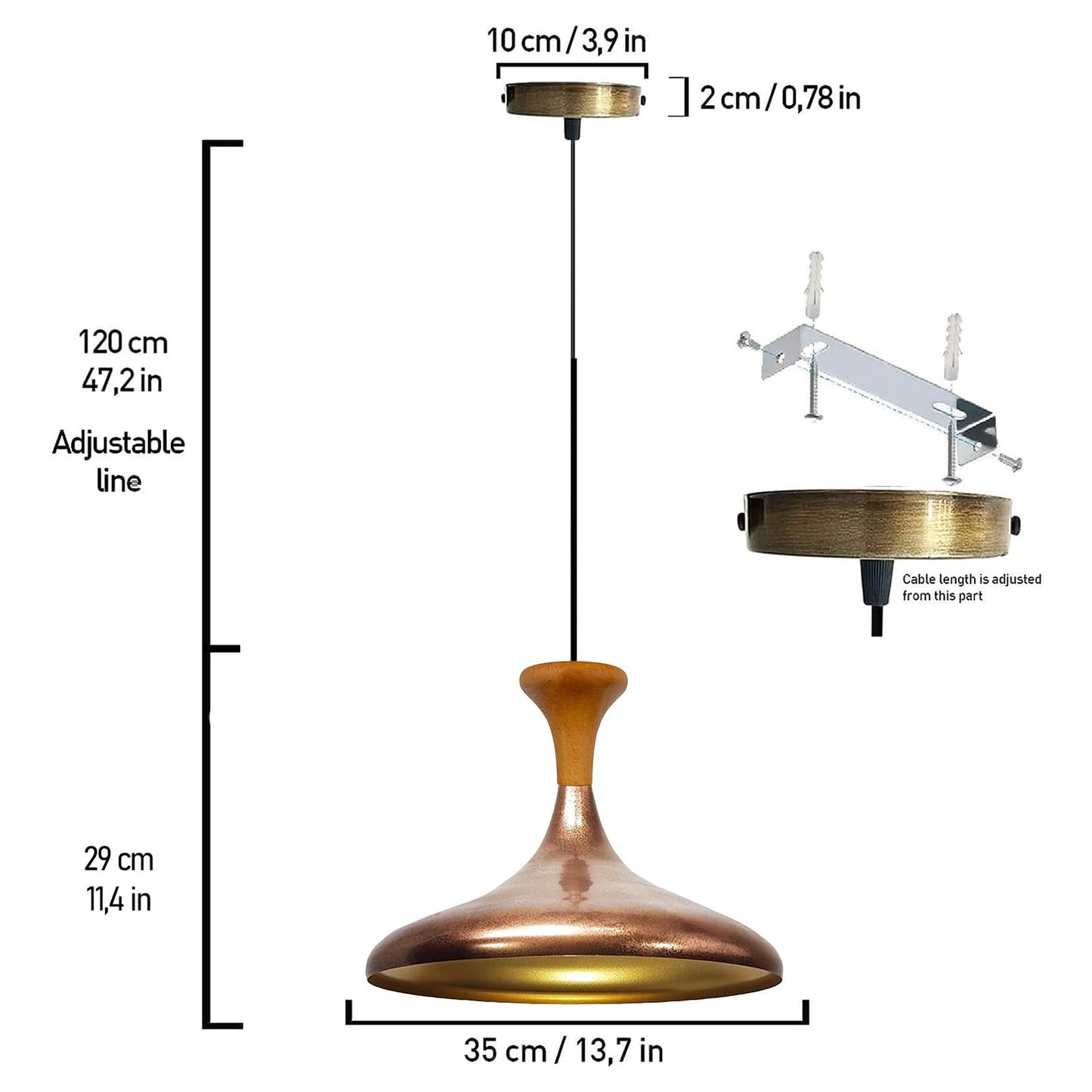 Champion Pendelleuchte aus Holz, 35 cm Hängelampe Metall E27 Moderne Lampe