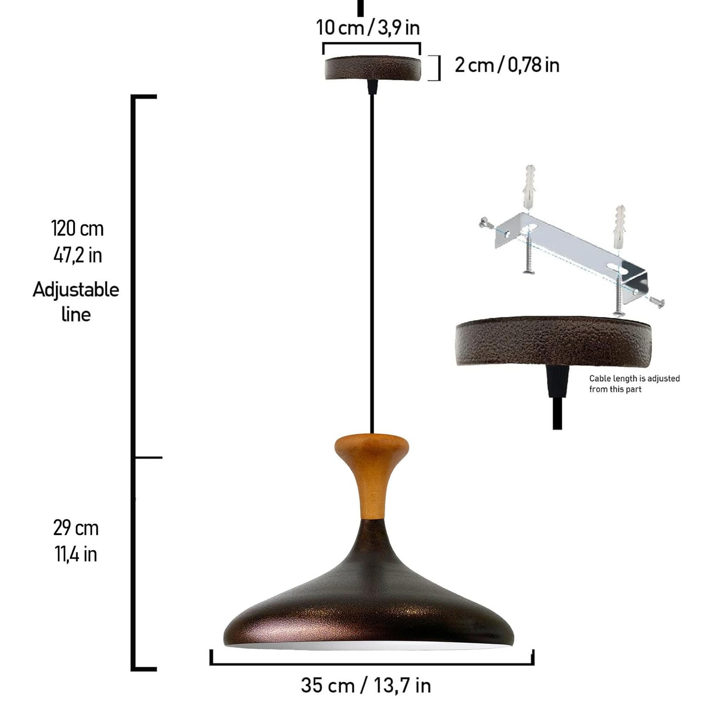 Champion Pendelleuchte aus Holz, 35 cm Hängelampe Metall E27 Moderne Lampe