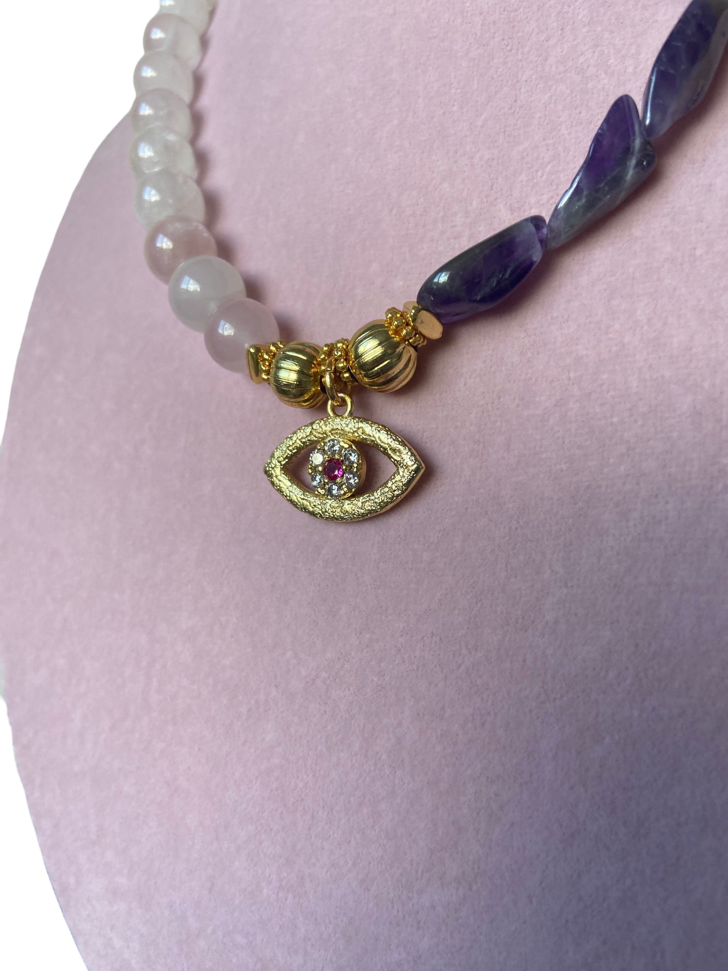 Collier pour femme, pierre précieuse charmée, pendentif en cristal, collier avec pierres naturelles, collier en quartz rose et améthyste