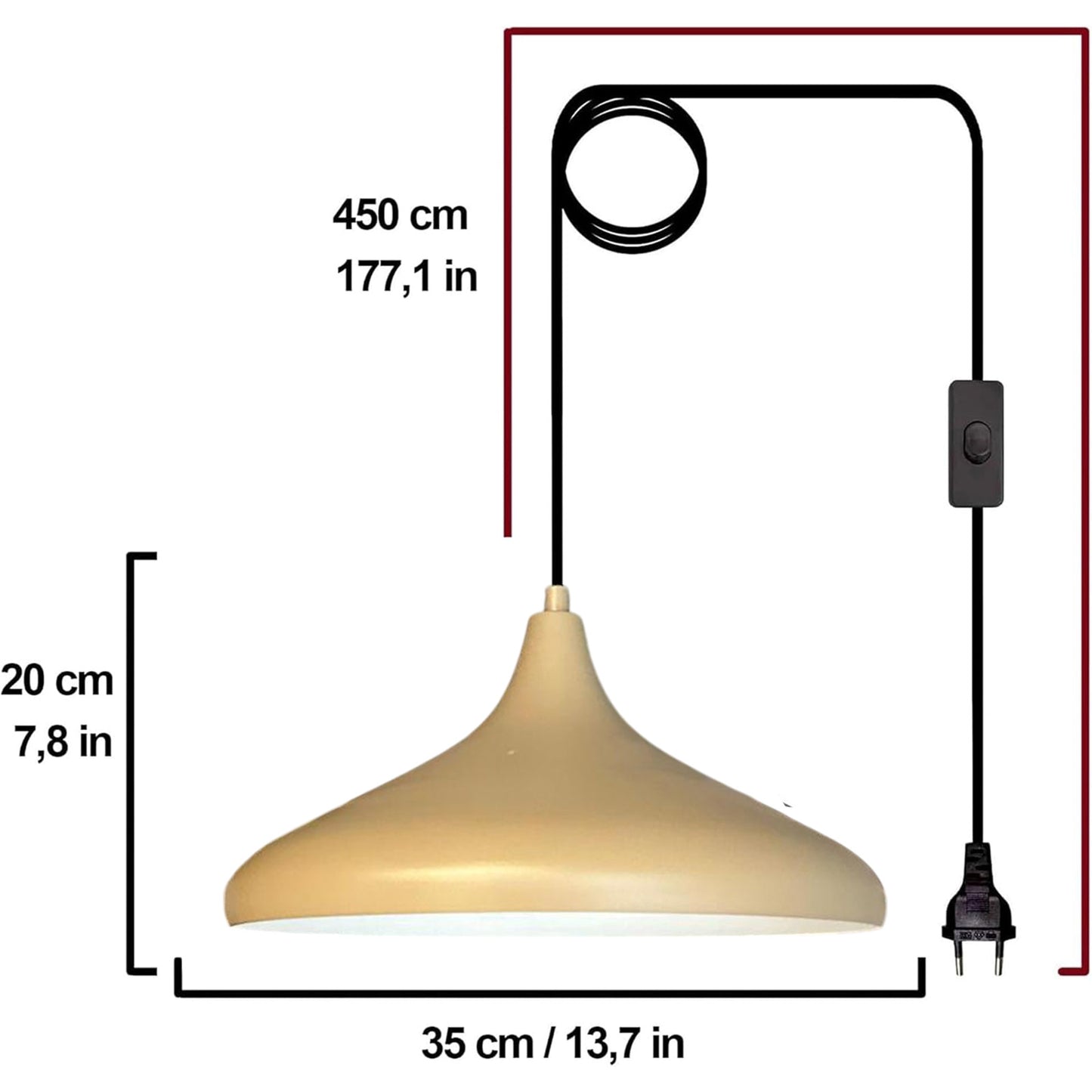 Bamyum Champion Metall mit 450 cm Kabel Schalter EU Stecker, Hängelampe