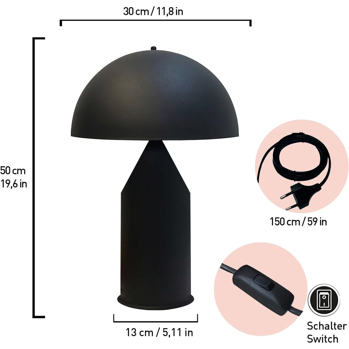 Bamyum Lipeo Tischlampe Mit Kabel Ø30 cm, Pilz Lampe Metall, Vintage Pilzlampen