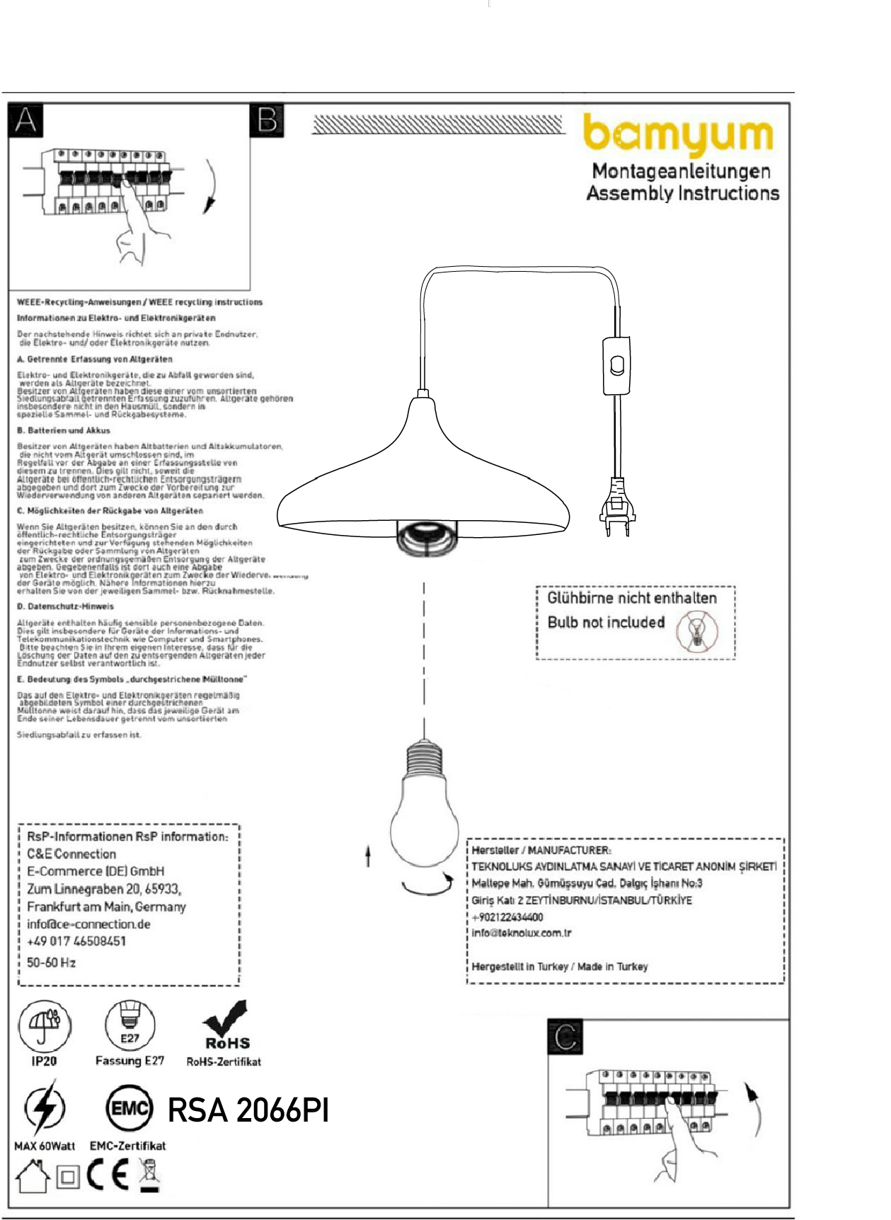 Hängelampe Schwarz mit Stecker 35 cm