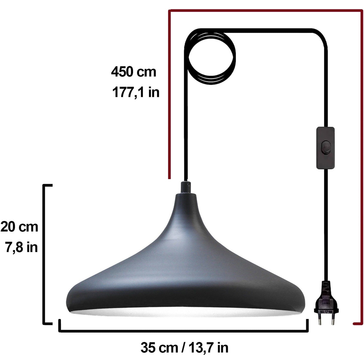 Hängelampe Schwarz mit Stecker 35 cm