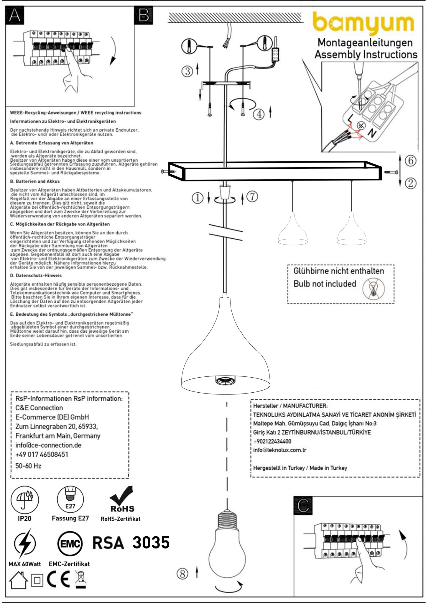 Lampe pendante en métal à 3 flammes noire