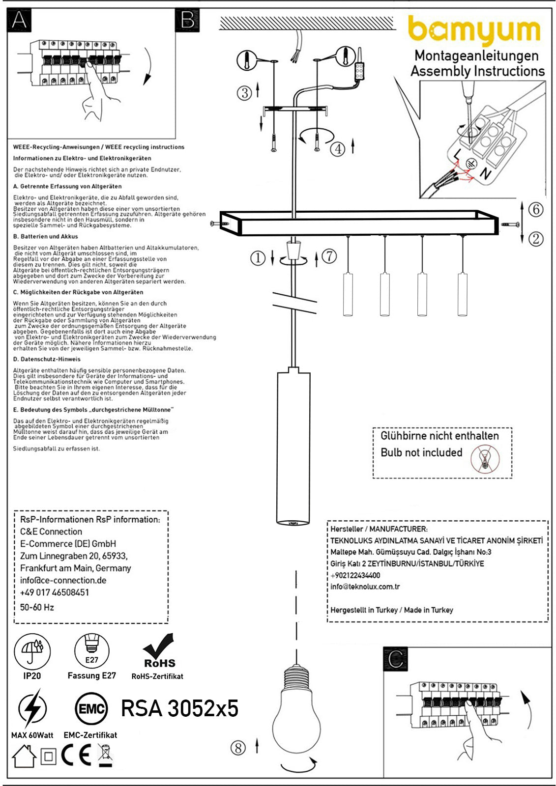 5 Table de Salle à Manger avec Lampe Suspendue Flammig