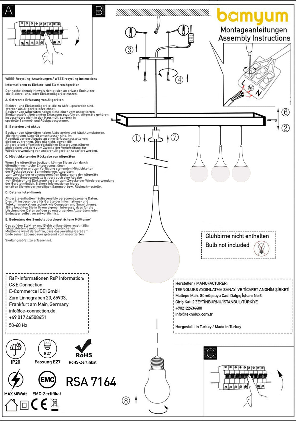 5 Table de Salle à Manger avec Lampe Suspendue Flammig